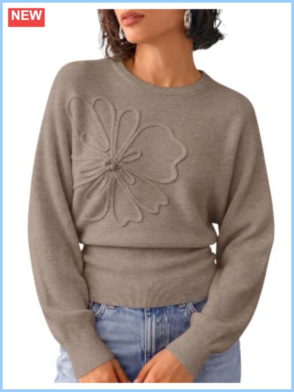 Women's Floral Ruched Sweater Long Sleeve Crew Neck Pullover